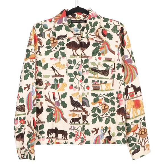 Alexis & Avery VTG Jacket M White Wild Vine Animals Ostrich Elephant Peacock Cat - Picture 1 of 9